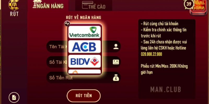 Rút tiền Manclub qua tài khoản ngân hàng