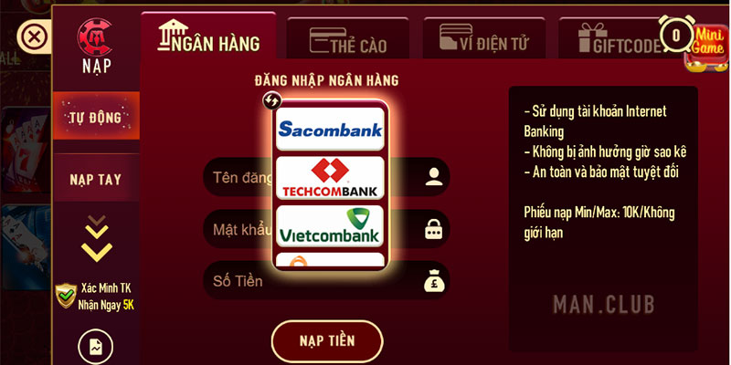 Nạp tiền Manclub thông qua tài khoản ngân hàng