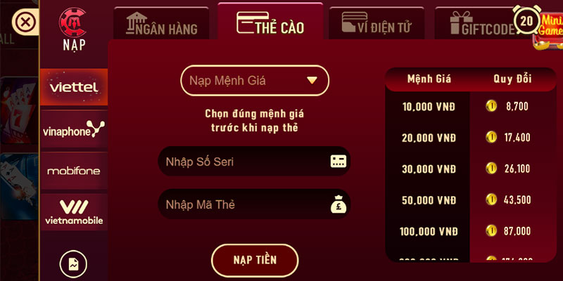 Nạp tiền ManClub qua thẻ cào