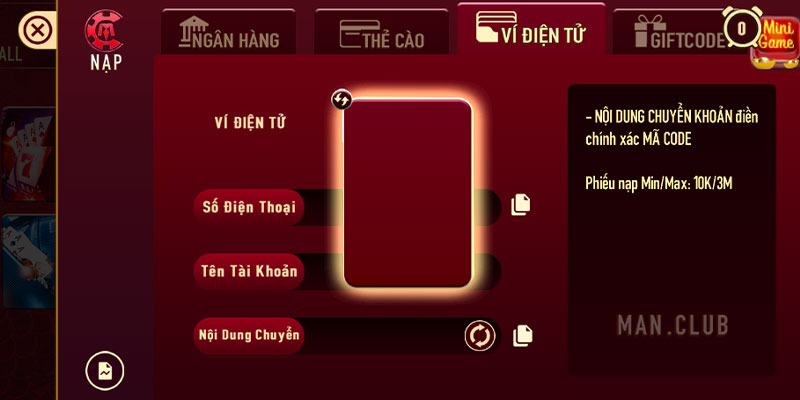 Nạp tiền Manclub ví điện tử