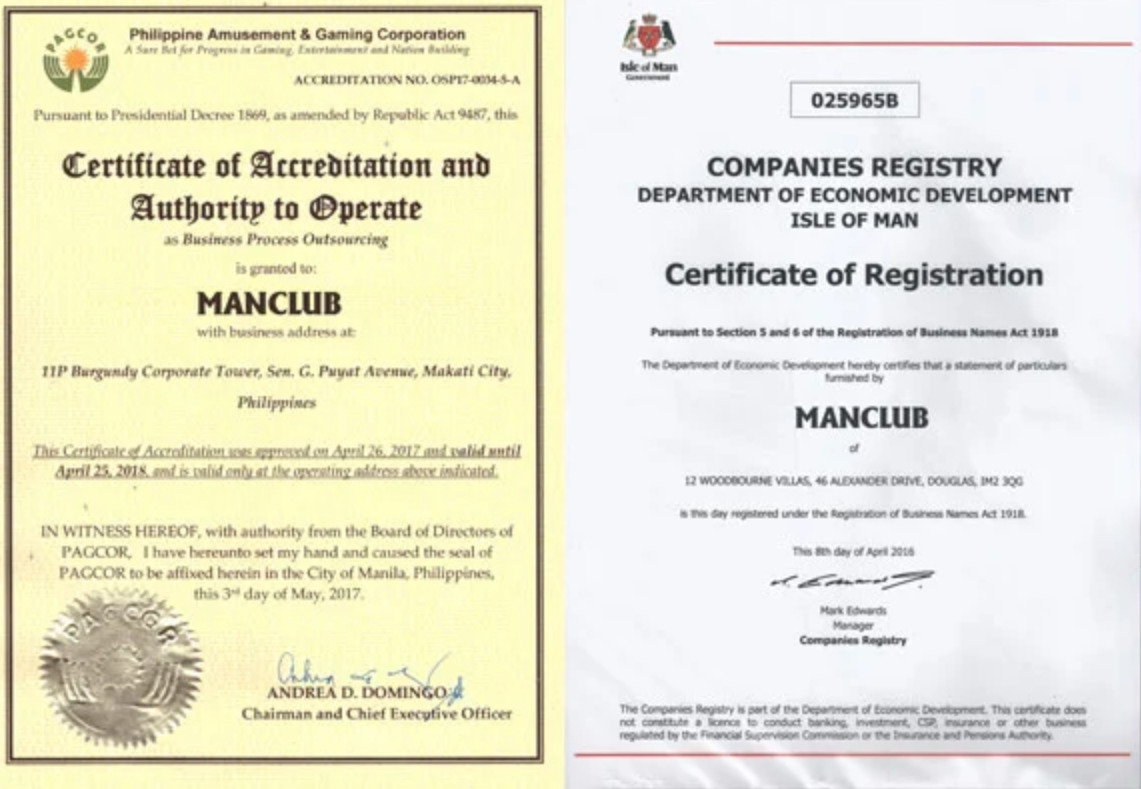Giấp phép chứng nhận sự uy tín của manclub